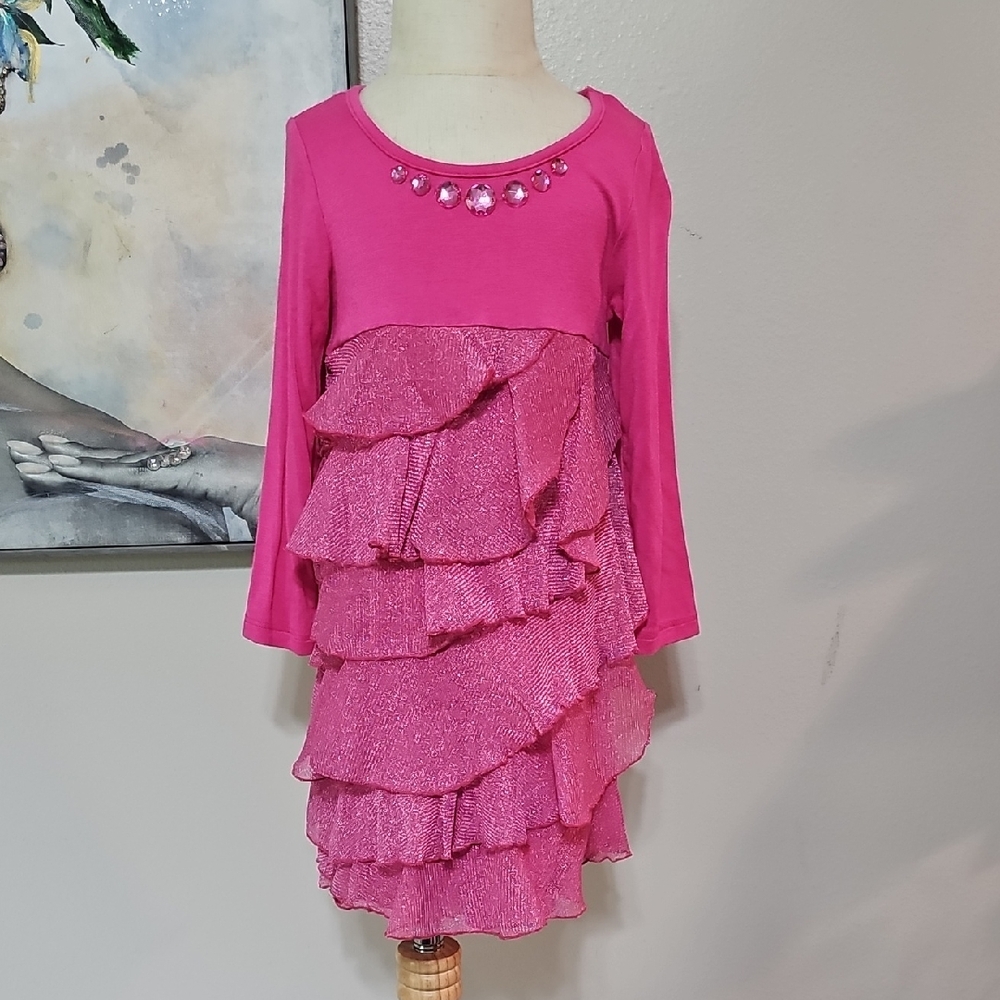 💖 Pink Ruffle Tiered Sparkle Dress Jewel Neckline Size 6x